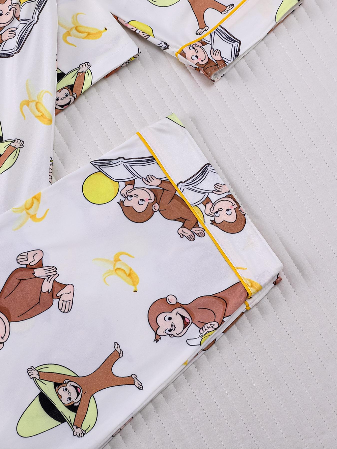 Women's Monkey Banana Print Pajama Set Pjs, Comfortable Long Sleeve Button Shirt & Elastic Pants, Casual Home Wear Loungewear for All Seasons