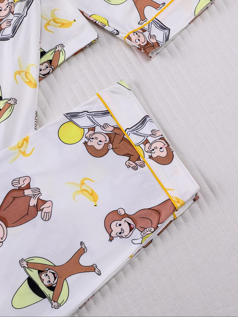 Women's Monkey Banana Print Pajama Set, Comfortable Long Sleeve Button Shirt & Elastic Pants, Casual Home Wear Loungewear for All Seasons