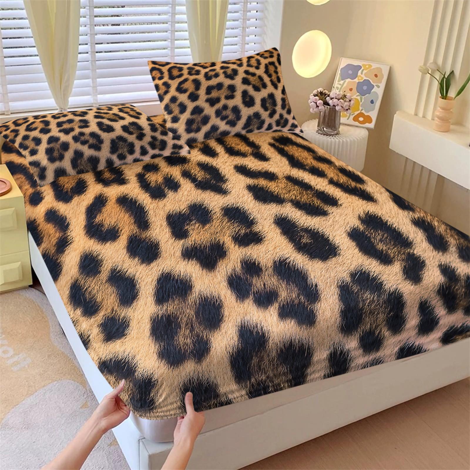 3pcs Leopard Print Fitted Sheet Set, Faux Fur Look Leopard Bed Sheet Set, Soft Microfiber Bedding Set (No Filler), Luxury Wild Animal Print Decor for Kids Boys Girls Bedroom & Dorm Room