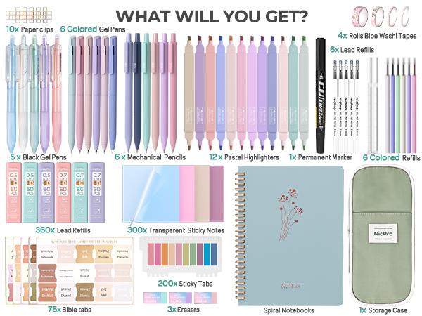 Nicpro 76PCS Bible Study Supplies Journaling Kit with Tabs, Notebook, Highlighter and Pen Case - Annotation Kit, Study Group Essentials Accessories Set