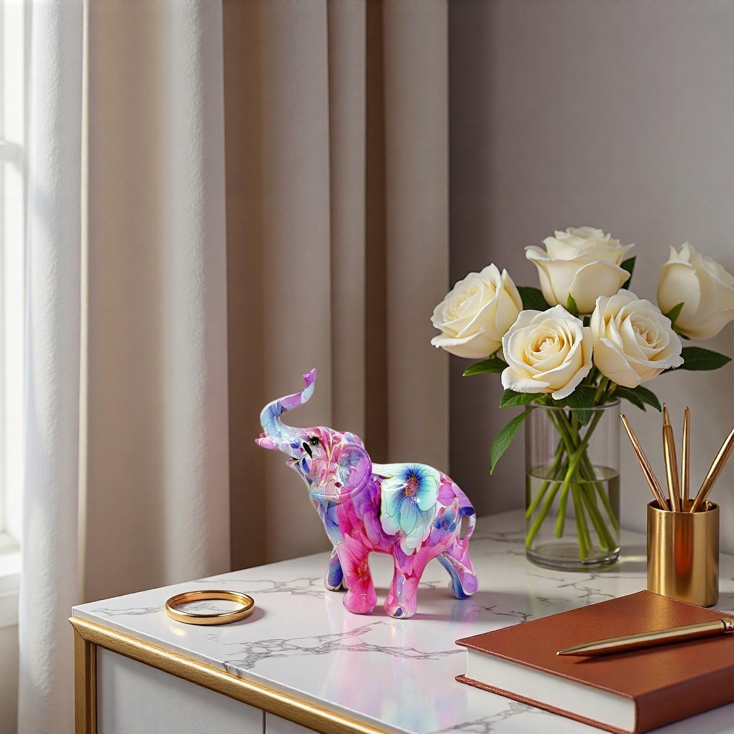 Floral Resin Elephant Figurine, Creative Lucky Elephant Home Decor, Living Room TV Cabinet Decoration, Unique Gift Art Table Ornament