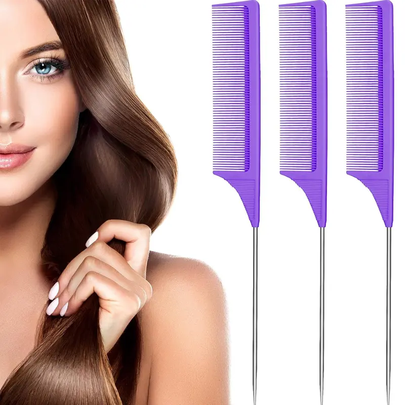 3 Packs Carbon Fiber Rat Tail Combs, Heat-Resistant Teasing & Styling Combs with Stainless Steel Pintail, Durable Hairdressing Hair Tools