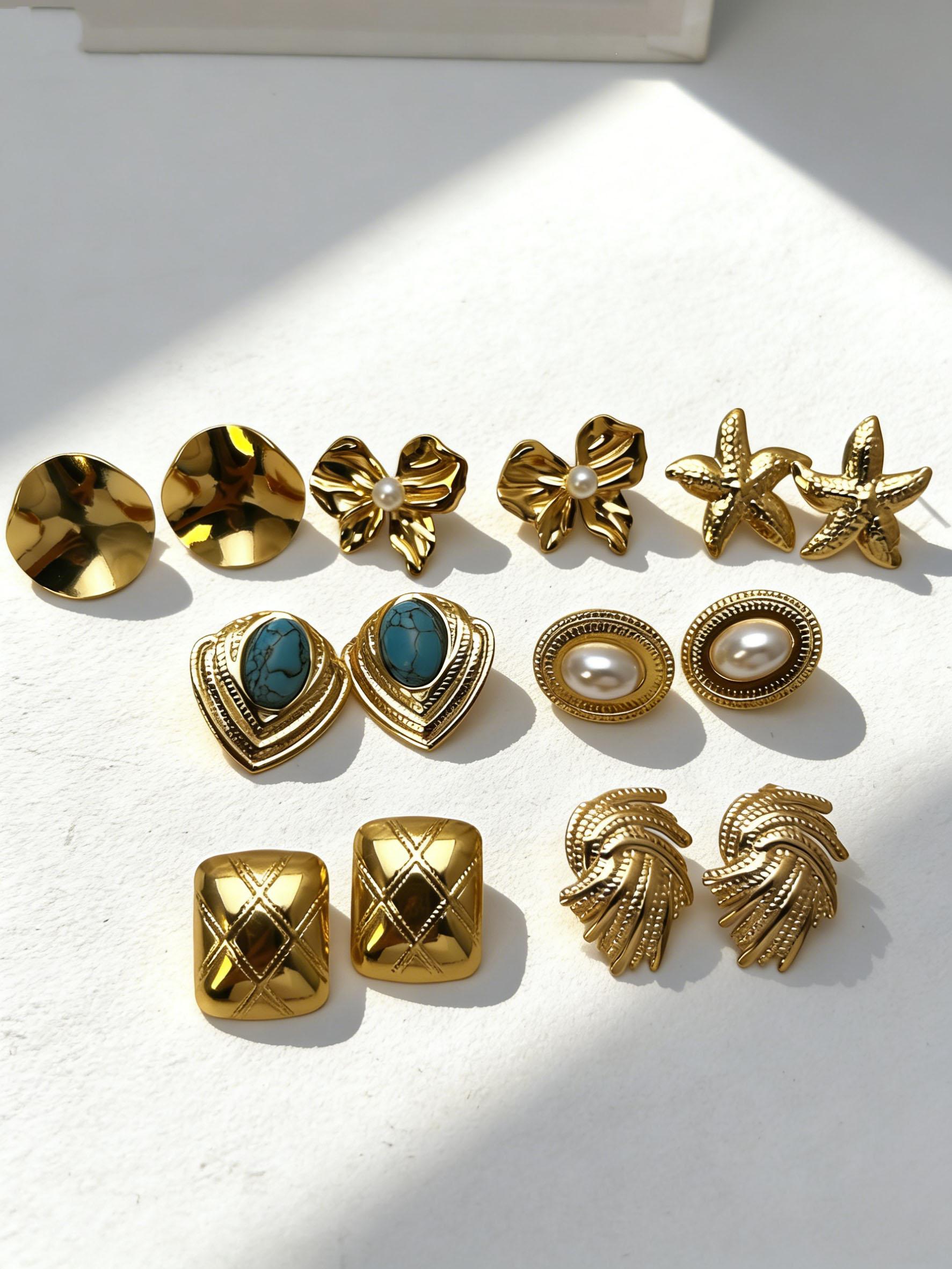 Boho Gold Statement Earrings for Women, Waterproof Stainless Steel Gold Studs with Pearl/Turquoise, Trendy Fashion Jewelry Gift for Her