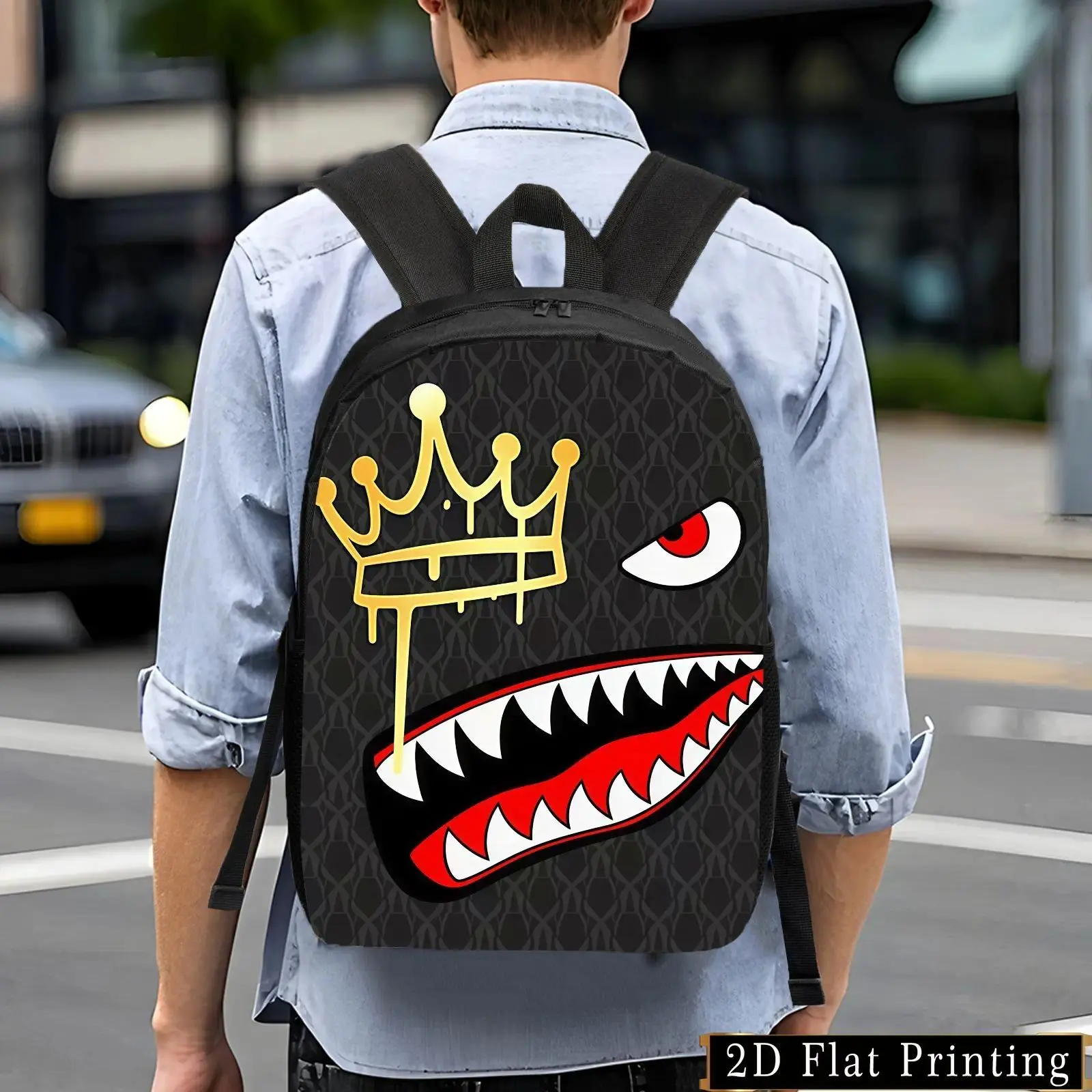 Crown Shark Print Foldable Synthetic Backpack, Large Capacity Lightweight Daypack, Dustproof & Machine Washable for School Travel Daily Use