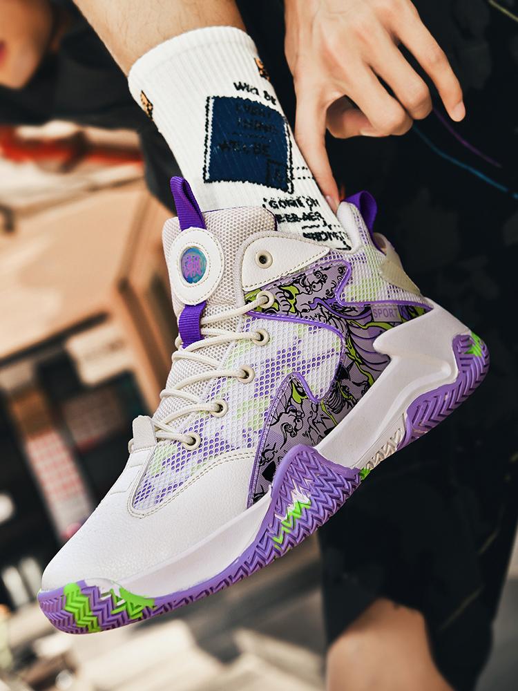 1 Pair Unisex Graffiti Performance Basketball Shoes: Shock-absorbing & Non-slip, Breathable Mesh Upper + Anti-twist Rubber Outsole + Printed Patchwork, Street Sporty Style, Ideal for Teenagers' Court Games & Daily Streetwear