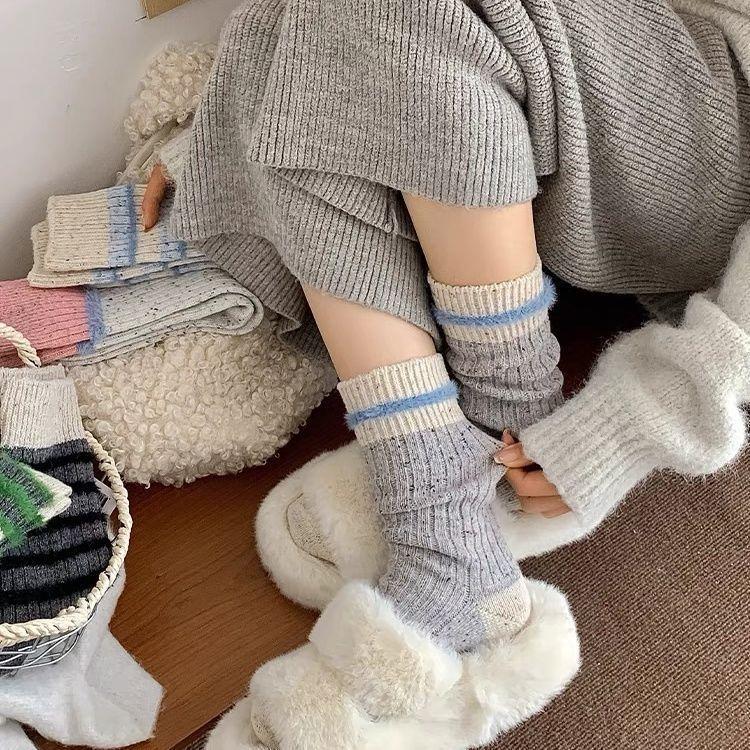 Women's 4PCS Slouch Fit Thick Wool Mid-Calf Socks - Korean Ins Style Color-Block Dot Thick Yarn Thermal Socks for Lady Autumn Winter Daily Wear (Sports & Outdoor Use)