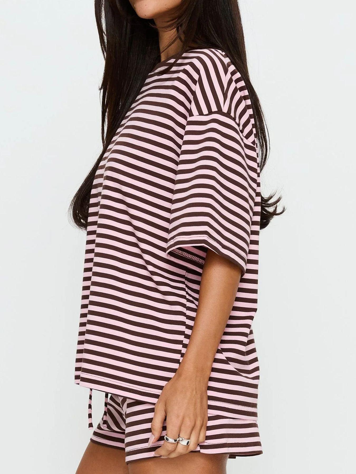 Summer New Women's 2-Piece Cotton Breathable Striped Short Sleeve Shorts Set, Stripe T-Shirt with Elastic Waist Pockets, Casual Fashion Ensemble, Womenswear, Summer Loungewear Sets