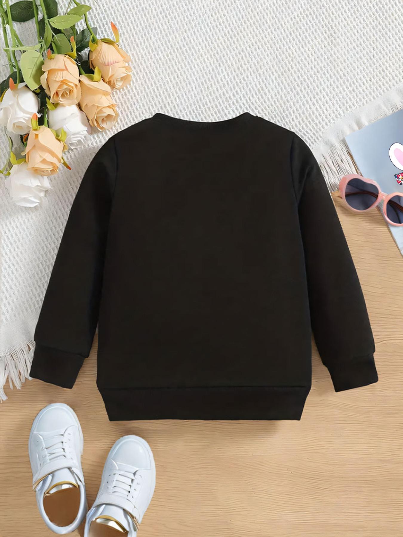 Girls' Casual Loose Fit Cartoon Print Game Day Sweatshirt, Elastic Fabric, Fitted Style, Spring & Fall Wear, Outdoor Indoor Activities, Crew Neck Sweatshirt, Graphic Print Sweater