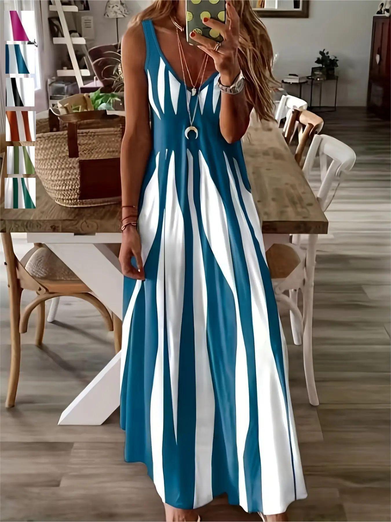 Summer New Arrival Women's Casual Sleeveless Striped V-Neck Long Dress, Casual Dresses, Casual Chic Dress, Sweet Style Elegance Loose-Fitting Daily Wear, Perfect for Outdoor Activities