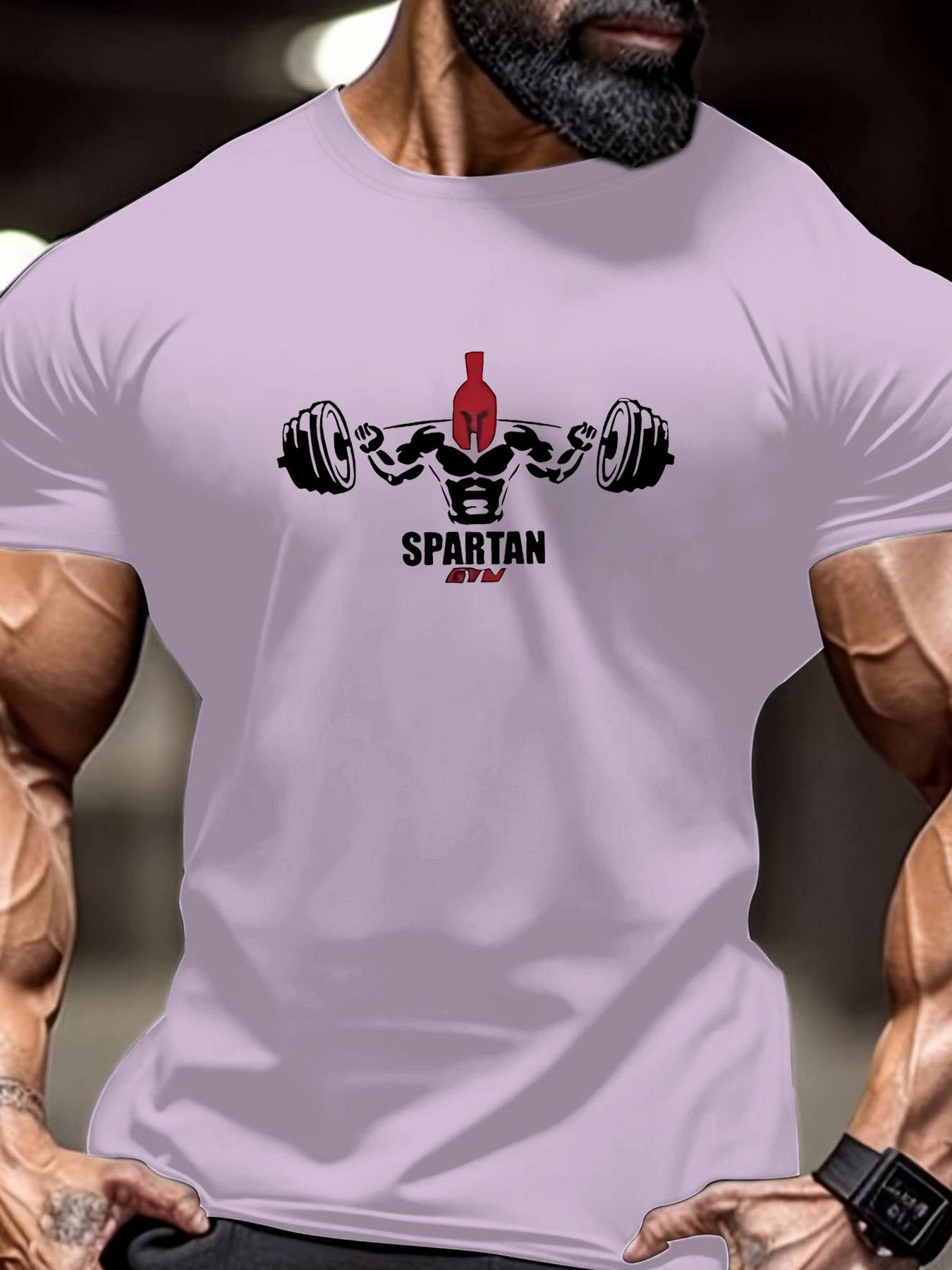 Men's Regular Fit Spartan Print Round Neck Tee, Casual Short Sleeve Crew Neck T-Shirt for Summer, Fashion Men's Top for Gym Workout Running Athletic Style Activewear Clothing