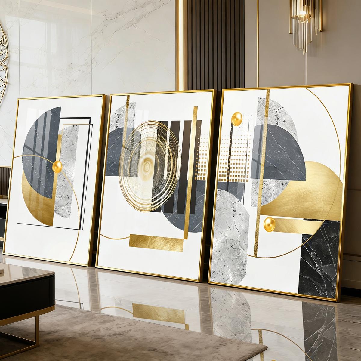 3 Counts Aluminum Alloy Framed Painting, Geometric Gold And Grey Abstract Art, Home Decoration For Living Room, Bedroom, Office, Restaurant, Hallway Wall Decor, Odorless Print Artwork, Luxury Perfect Gift For Friends And Family