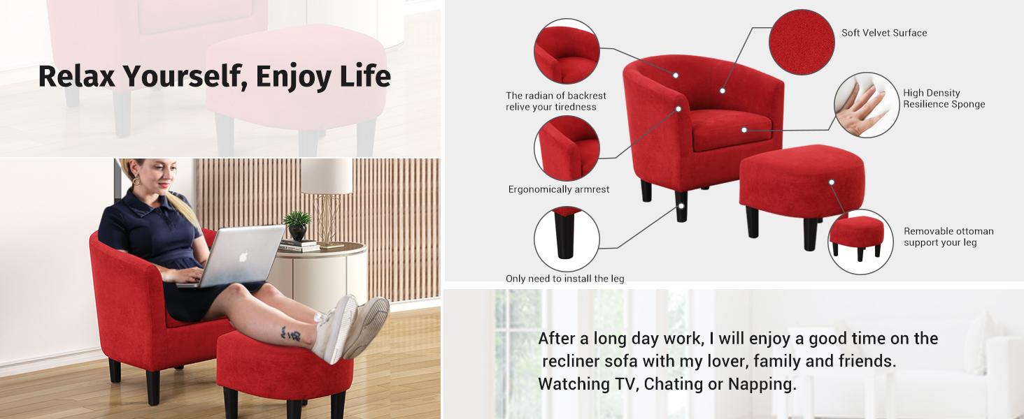 【Summer Turn-Up Flash Sale】Ebello 26" Wide Modern Upholstered Barrel Accent Reading Chair with Foot Rest and Ottoman, Red 【Summer Turn-Up Flash Sale】Ebello 26" Wide Modern Upholstered Barrel Accent Reading Chair with Foot Rest and Ottoman, Red