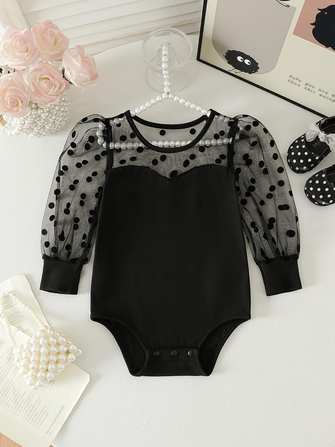 Girls' Spring Bodysuit, Retro Polka Dot Sweetheart Style, Long Sleeve Netting Bodysuit for Baby Girls, Polka Dot Netting Bubble Sleeves + Semi-Transparent Netting Round Neck, Perfect Birthday Gift for Baby Girls, Suitable for Daily Home Wear and Travel
