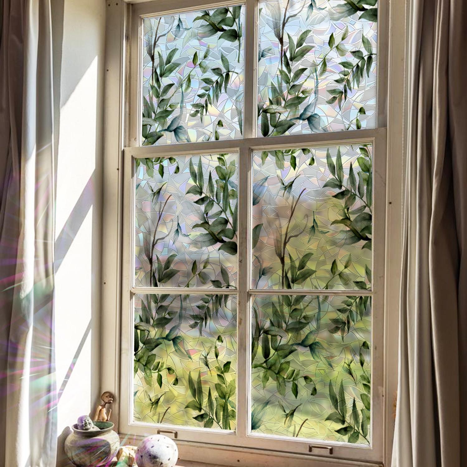 Leaf Laser Window Sticker, Spring Summer Fresh Style Decorative Static Window Sticker, Glue-Free Electrostatic Glass Decoration Film