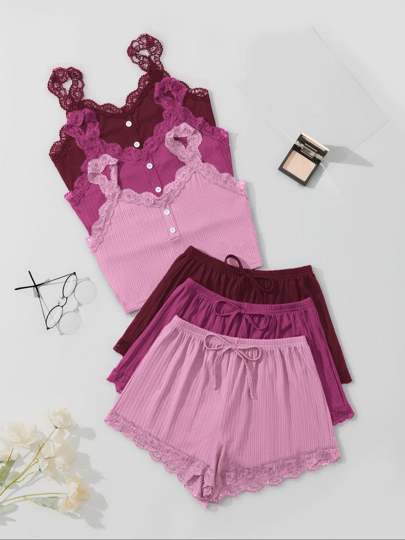 Women's Elegant Contrast Lace Button Cami Top & Elastic Waist Tie Front Shorts Pyjama Set, Casual Comfortable Loungewear Set For Women, Pyjamas for Women