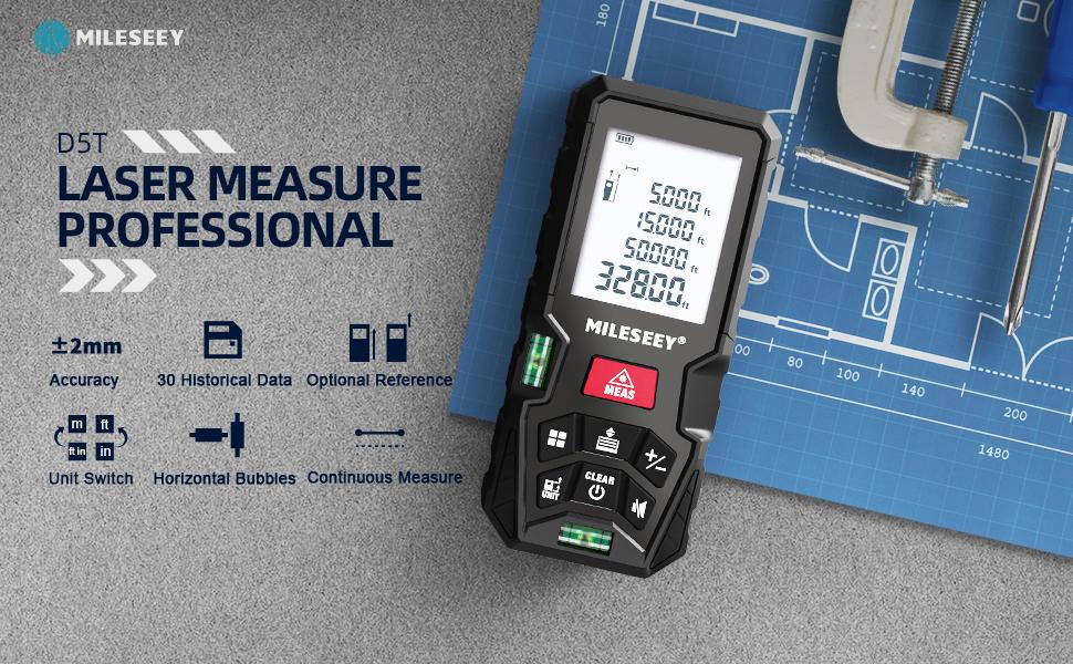 Mileseey D5T Laser Measure 165 Feet with 2 Bubble Levels ±1/16 inch Accuracy Unit Switching Backlit LCD Pythagorean Mode Supports Mobile App Laser Measurement Tool