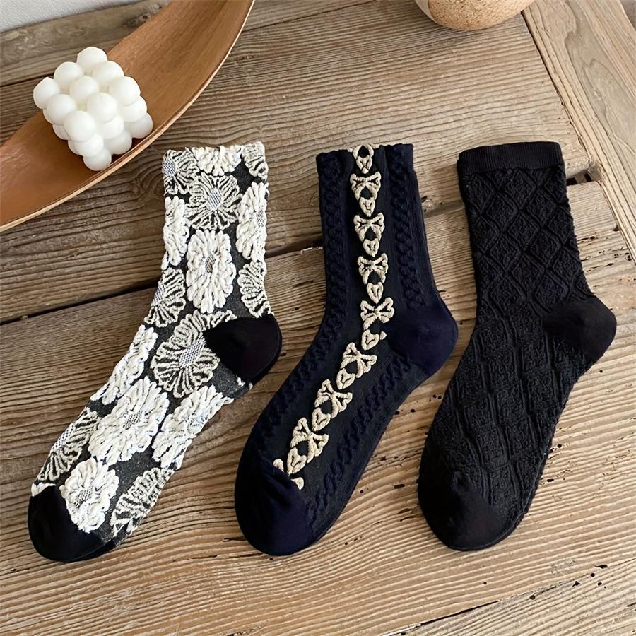 6 pairs of retro college style girl socks  versatile black flower bow loafers  mid length socks | Autumn Winter Outfits / New Fall Winter Style / Thermal Mid-Calf Socks