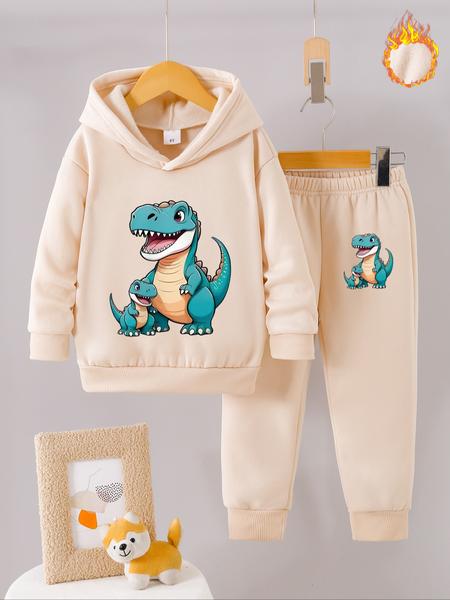 Boys' Fall & Winter Fleece Set, Dinosaur Cartoon Print Hoodie & Jogger Pants Two-Piece, Casual Warm Kids Clothing Gift Idea
