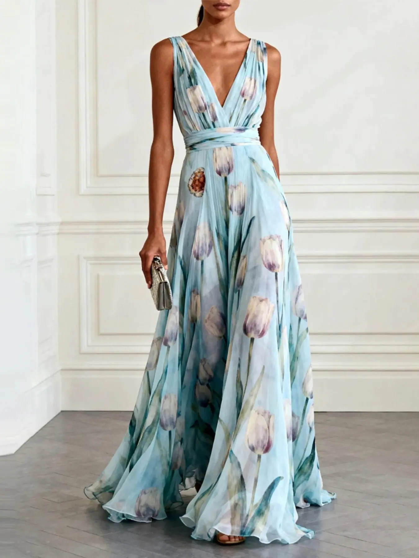 2026 New Summer Fashion Vintage Floral Print Sleeveless V-Neck Long Dress, Elegant Party Gown, High-End Unique Luxury Design
