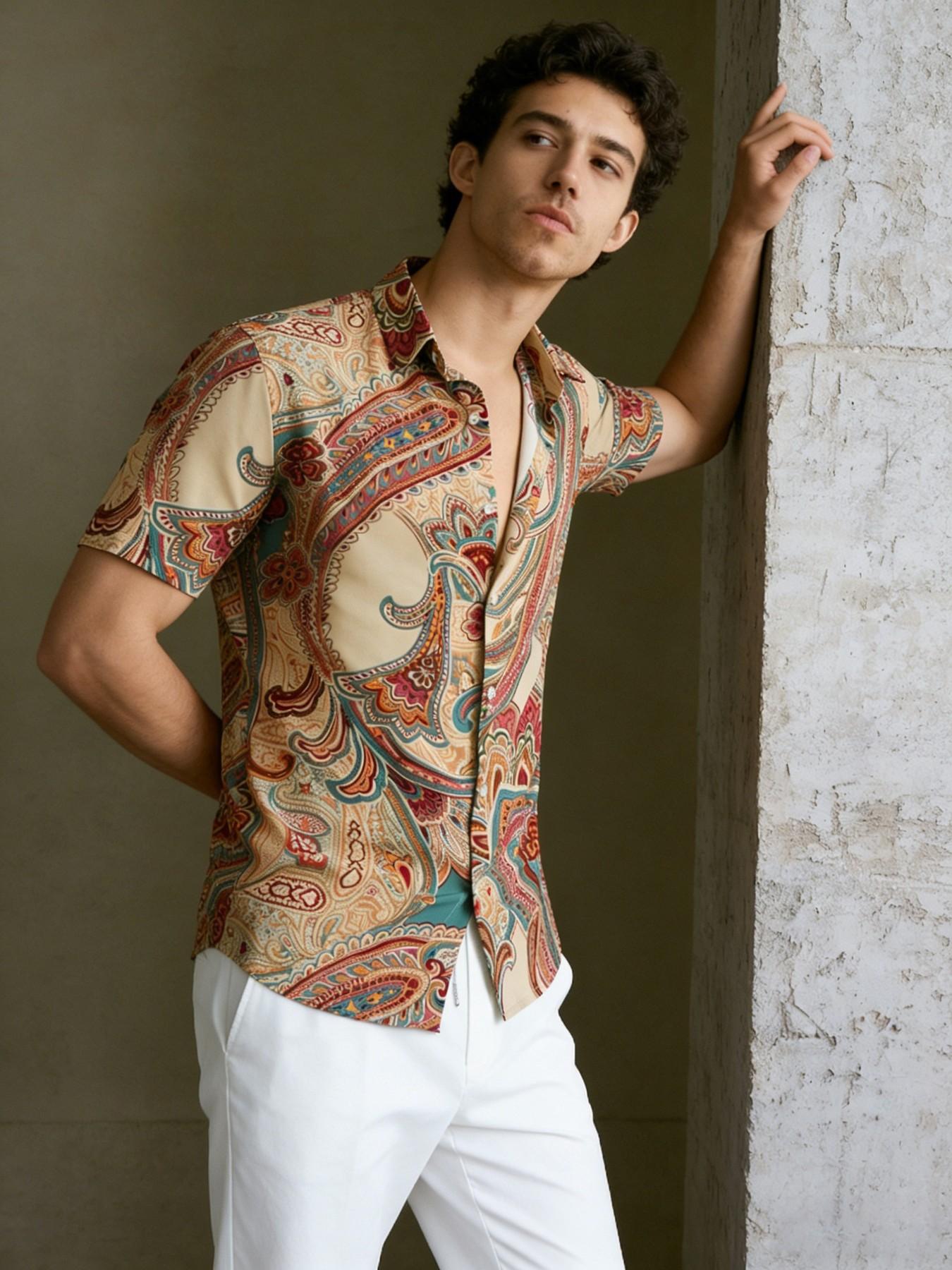 Vintage Floral Print Short Sleeve Shirt for Men, Summer Loose Fit Casual Vacation Style, American Hawaiian Beach Top