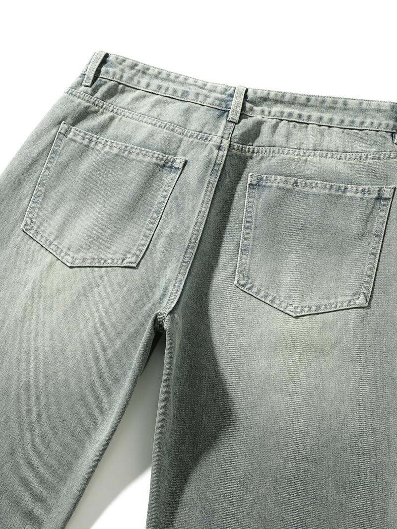 Men's Vintage Washed Denim Jeans, Basic Loose-Fit Wide-Leg Style, American Streetwear Trendy Look, Cotton Fabric, All Seasons