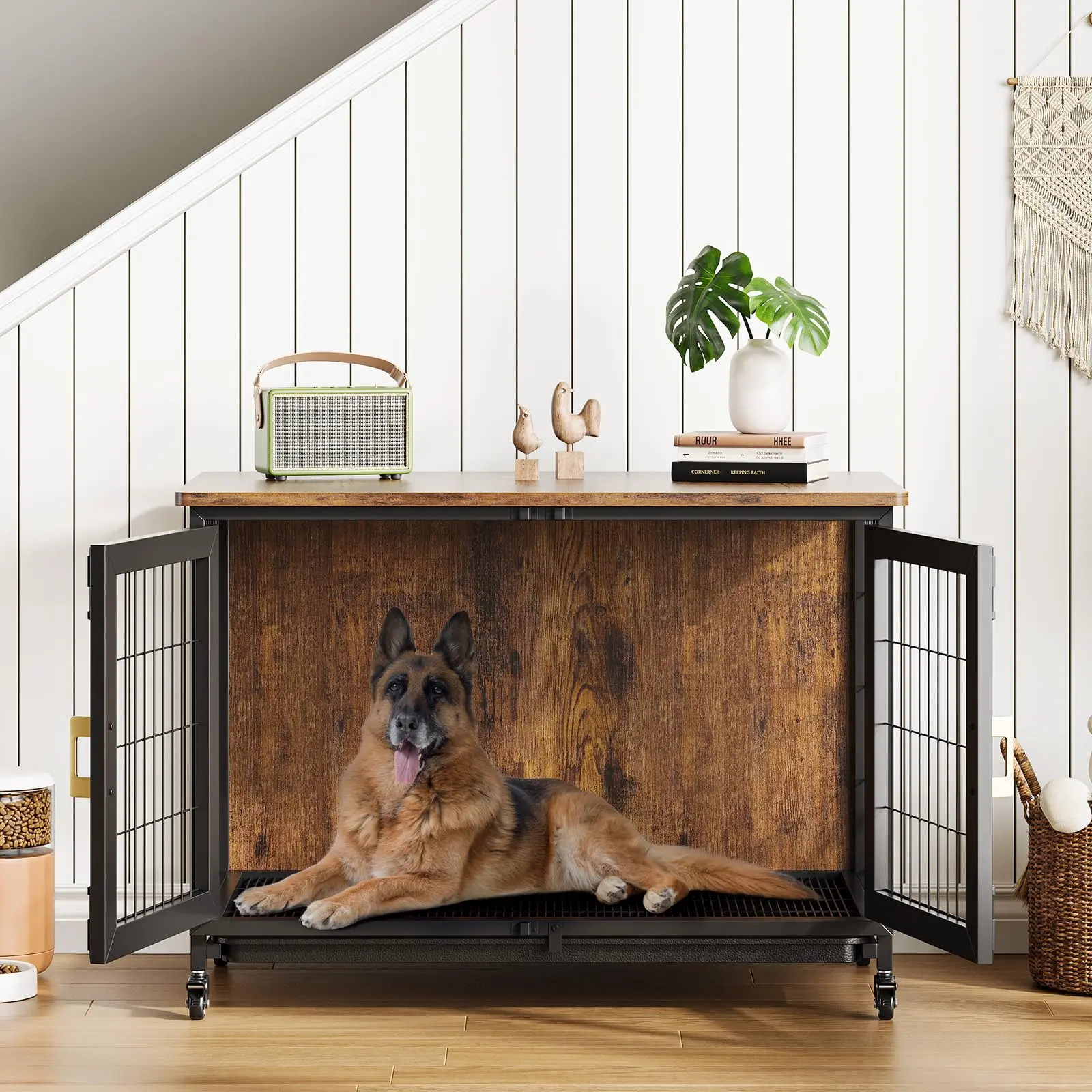 37.5-Inch Iron and Wood Dog Crate with Wheels and Removable Tray – Indoor Furniture-Style Kennel for Small, Medium, and Large Dogs