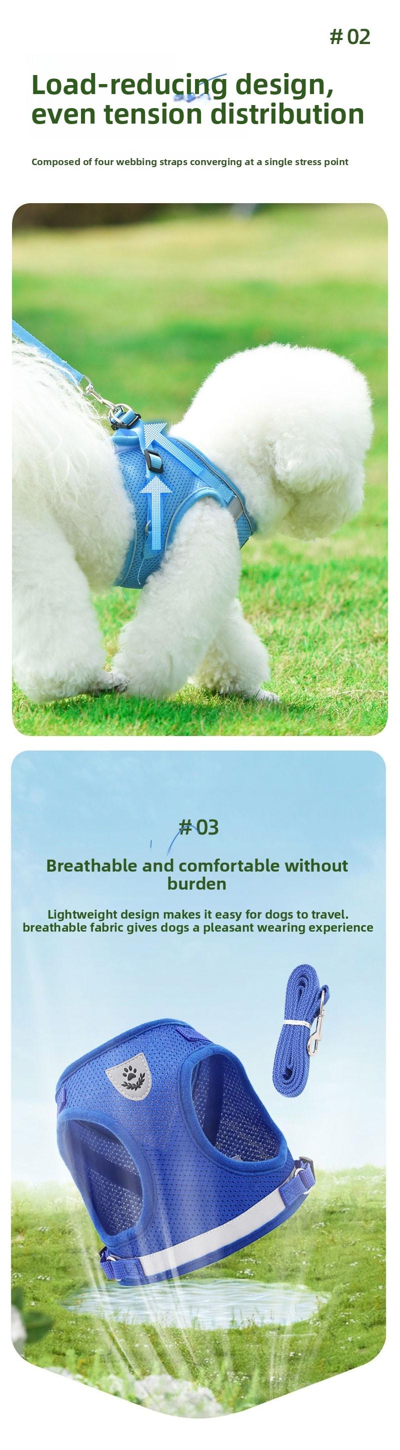 New Dog Harness Leash, Reflective Breathable Puppy Chest Strap, Outdoor Pet Vest, Non-Straining Rope, Small Dogs and Cats