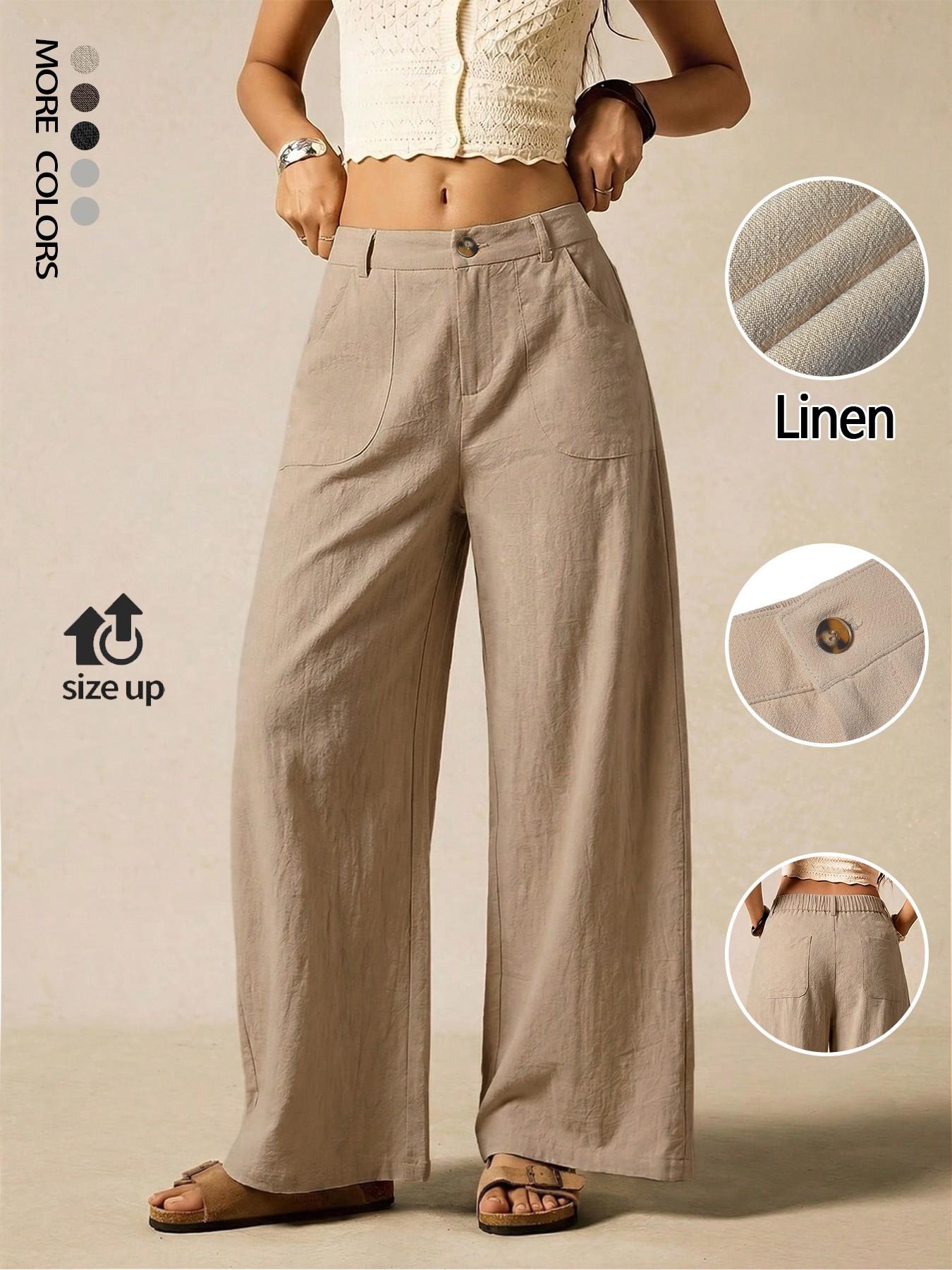 Women's Summer Linen Breathable Lightweight Palazzo Pants Flowy Wide Straight Leg Beach Trousers, Button Pocket Trousers, With Pocket Casual Solid Color Soft Elastic High Waist Travel Vacation Date Brunch Home Work Street wear Women's Summer Linen Breathable Lightweight Palazzo Pants Flowy Wide Straight Leg Beach Trousers, Button Pocket Trousers, With Pocket Casual Solid Color Soft Elastic High Waist Travel Vacation Date Brunch Home Work Street wear
