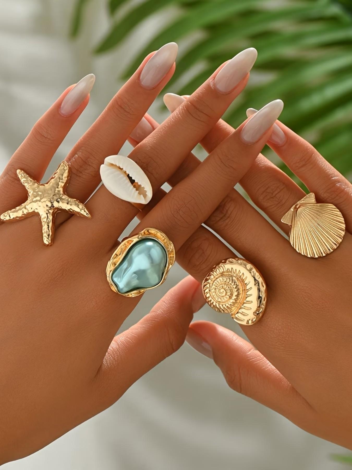 5pcs French-Style Baroque-Inspired Rings, Vintage Starfish Conch Seashell Designs, Elegant Accessories for Women, Daily Wear or Vacations