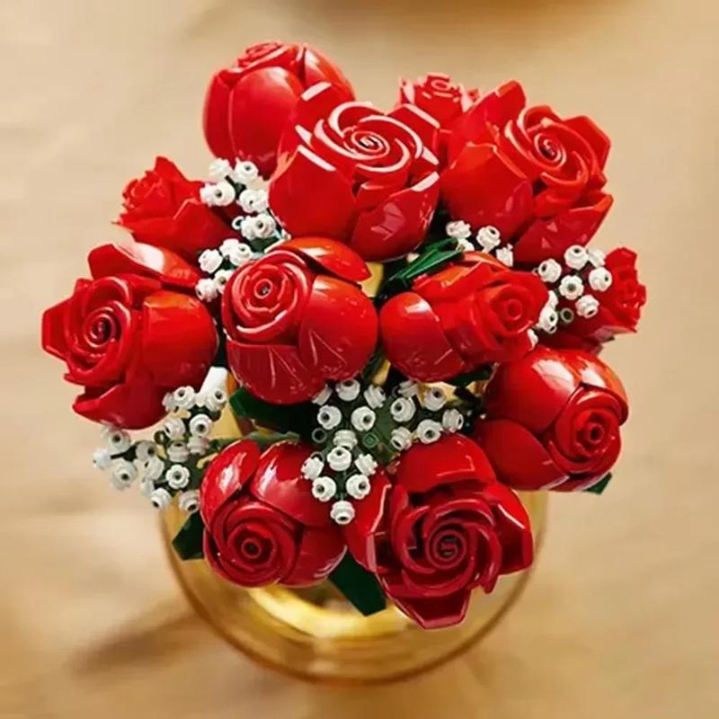 789pcs Pink Rose Bouquet 10374 Building Blocks Sets Red Rose Artificial Flower Bouquet Suitable for Christmas Gifts for Girlfriend Valentine's Day Gifts