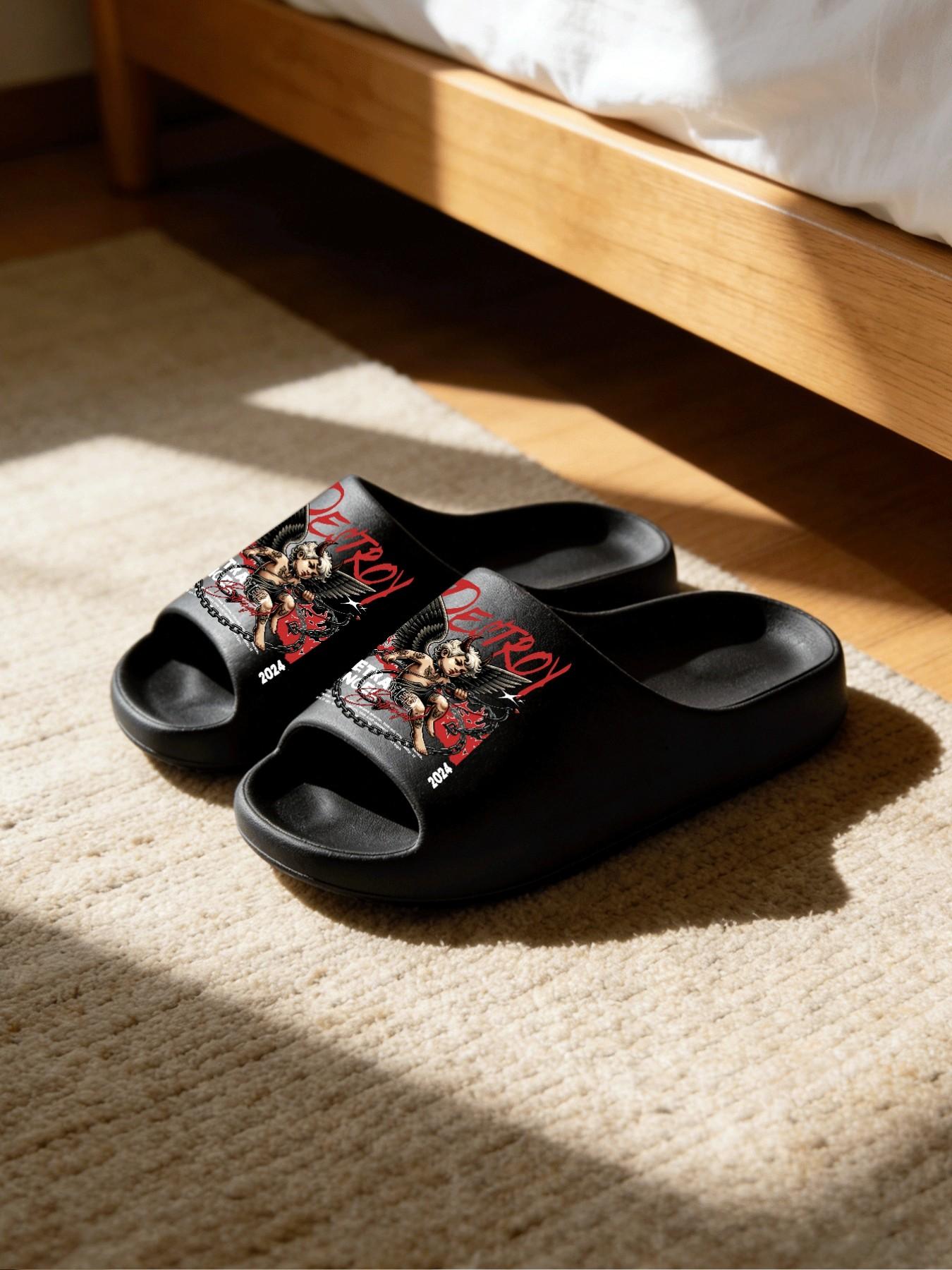 Dark Chain Devil Cupid Print Fashion Slippers, Heavy Metal Cool Style, Thick Sole Soft Bottom, Couples Home Outdoor Use