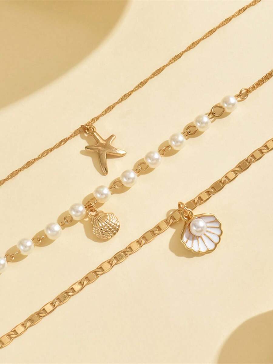 3pcs Summer Bohemian Style Multi-Color Faux Pearl Multi-Layer Necklace Set With Shell Pendant, Suitable For Beach, Travel, Daily Decoration, Outfit Matching, Dating, Party, Holiday Gift For Women