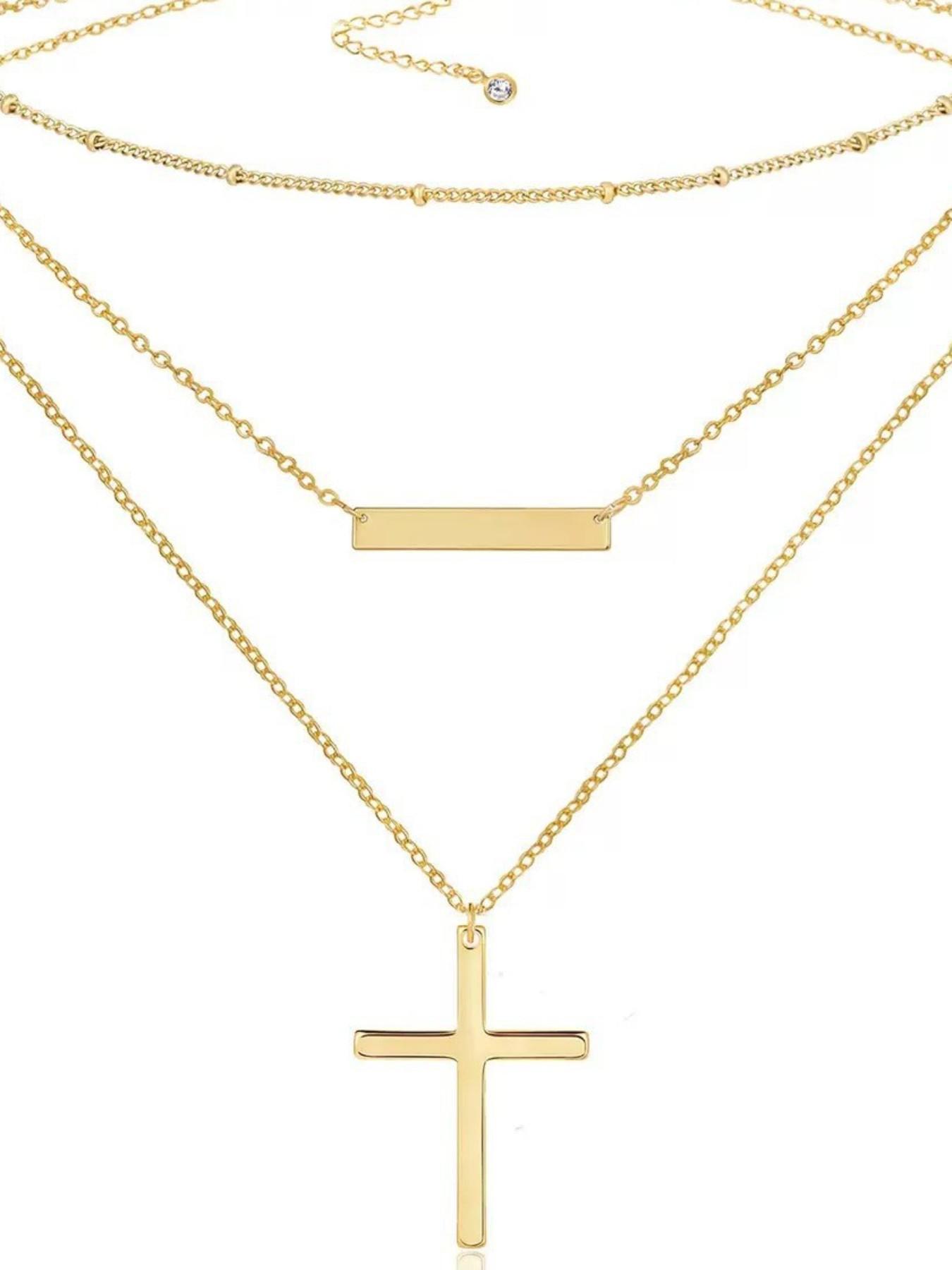 Women's Stainless Steel Cross Chain Beaded Necklace, Elegant Minimalist Design, Double Layer Crucifix Pendant Jewelry