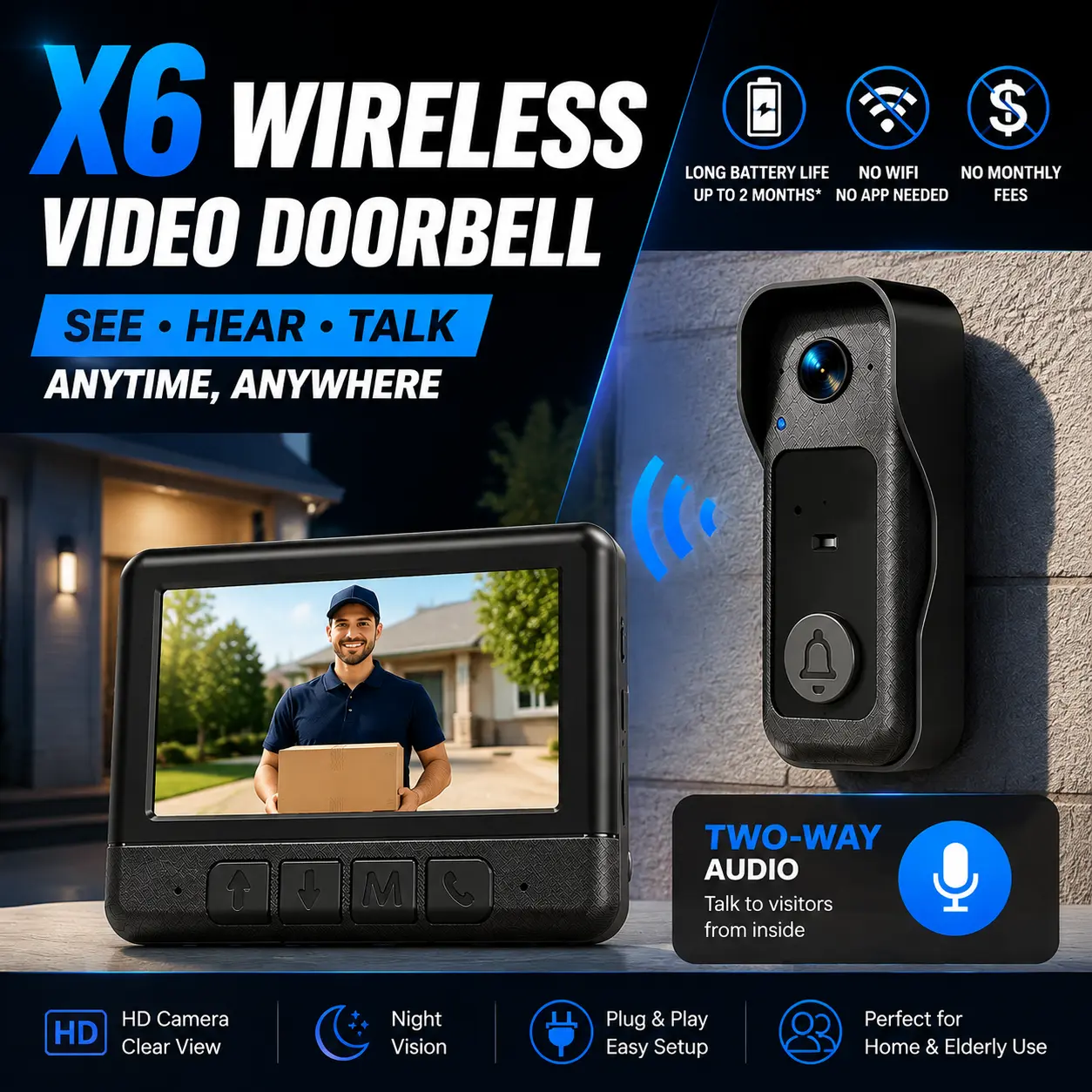 Cordless Video Doorbell with Display Monitor, Plug-Free Installation, Instant Visitor Viewing, Voice Talk, No Recurring Fees, Home Security Device for Elderly Care