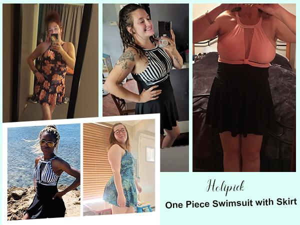 Holipick Womens One Piece Swimsuits with Skirt Tummy Control Swimdresses Modest Bathing Suit Swimming Clothing High Neck Mesh Swimwear