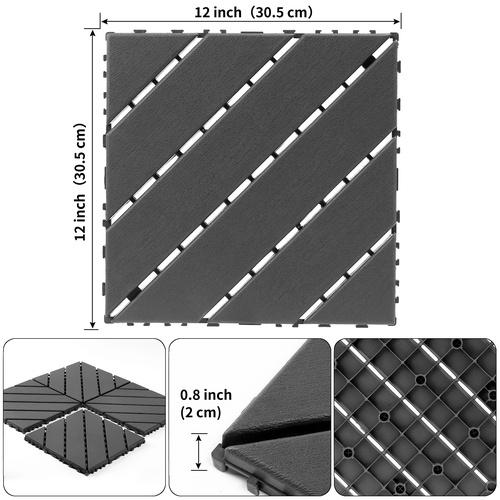 Plastic interlocking decking tiles, 44 packs of terrace decking tiles, 12“x 12” waterproof for all-weather use, backyard pool decking tiles, dark gray
