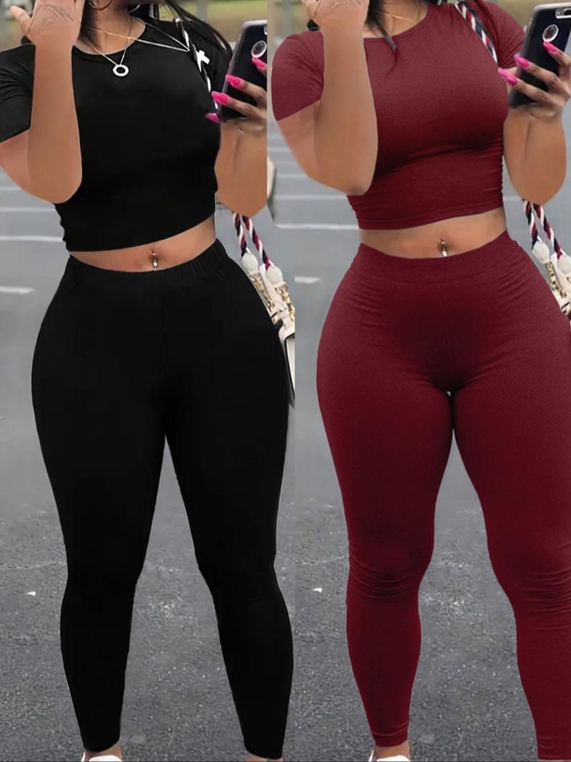 Two-Piece Set Women's Solid Crop Tee & Skinny Pants, Casual Fashion Cozy Round Neck Short Sleeve Top & Trousers for Daily Outdoor Wear, Ladies Clothes for Spring & Fall