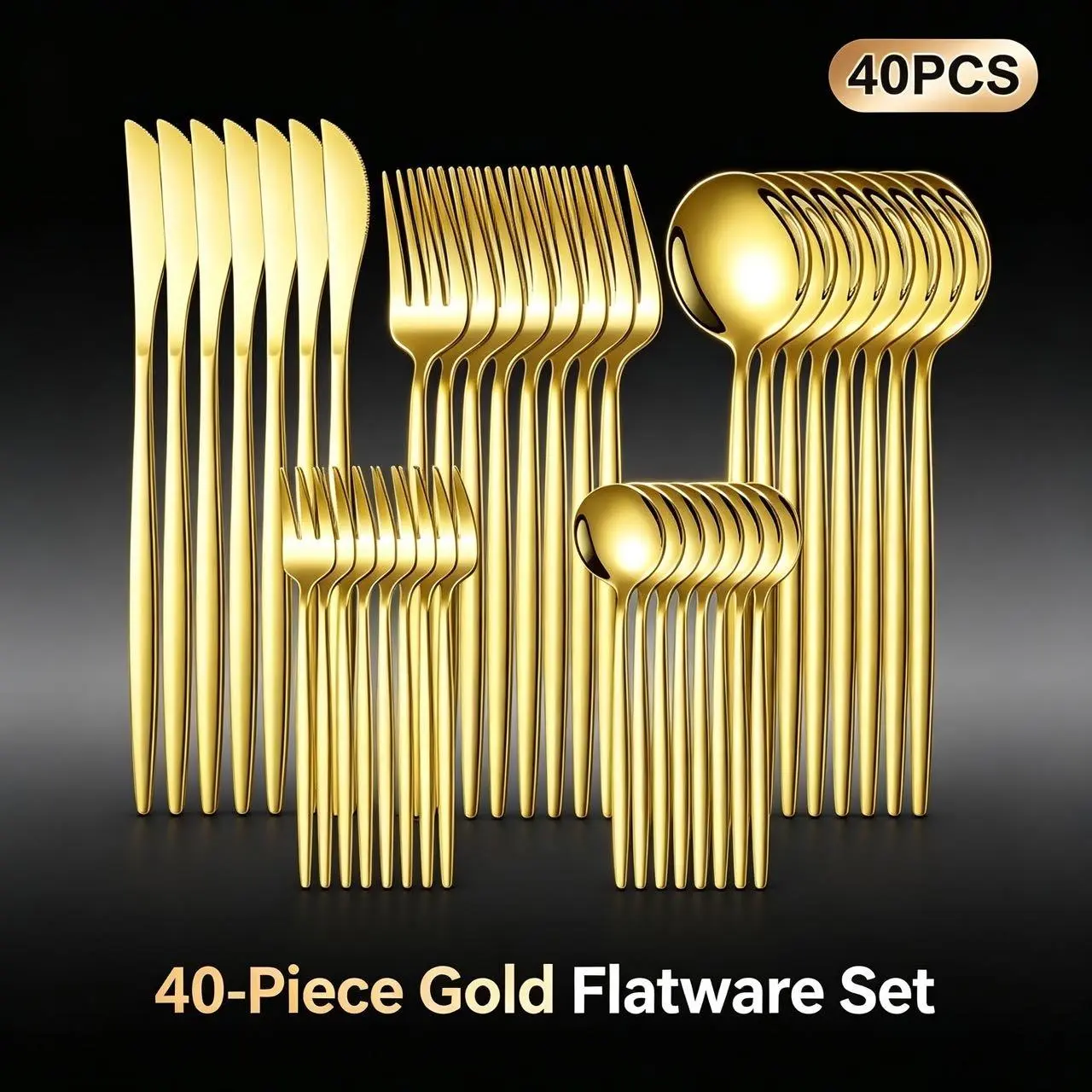 40 PCS Gold Stainless Steel Flatware Set - Mirror Polished Silverware for 8, Dinner Knives, Forks, Spoons Cutlery, Dishwasher Safe for Home, Wedding