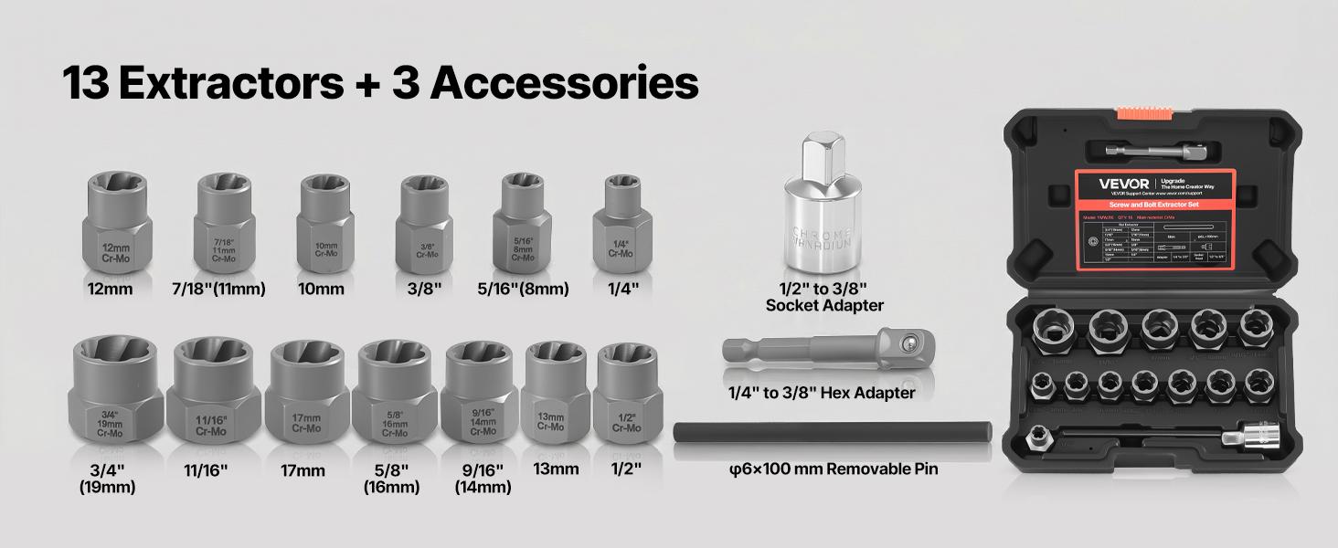VEVOR Bolt Extractor Kit, 16 Pieces Impact Bolt Nut Remover Set with Adapters and Pin Punch, Solid Storage Case, Cr-Mo Steel for Removing Damaged, Rusted, Stripped, Rounded Bolts, Nuts and Screws