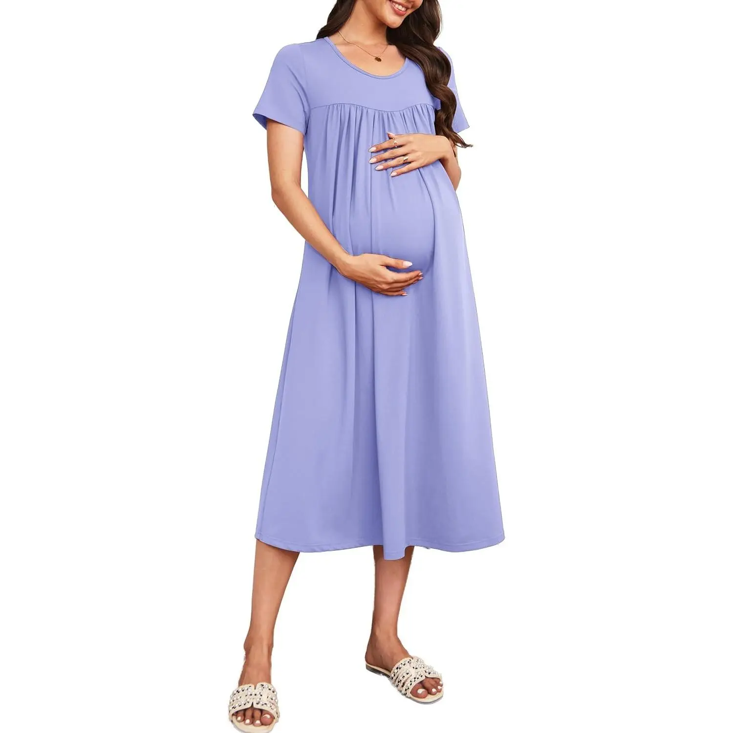 Maternity Dress for Women Short Sleeve Flowy Midi Dress | Soft Stretchy Maternity Dress for Women with Flowy Empire Waist, Relaxed Fit for Pregnancy, Postpartum and Curvy Bodies