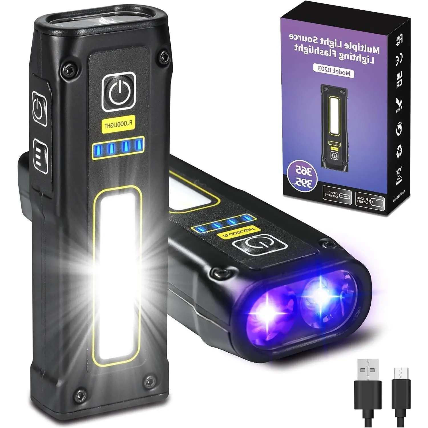 UV Flashlight 365+395nm Blacklight Flat EDC Flashlight Woods Lamp, Powerful LED Rechargeable Magnetic Ultraviolet Light with COB Red Light - Urine Scorpion Detector, Cure ResinGift