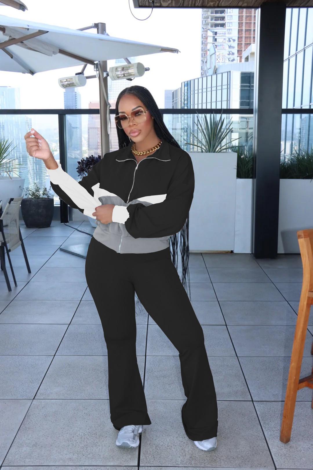 USBOUTIQUECHIC Chic Color-Contrast Zip-Front Top & Lounge Pants - Fashionable Casual Wear, Cozy Fall Matching Outfit 2-piece set woman - Clothes