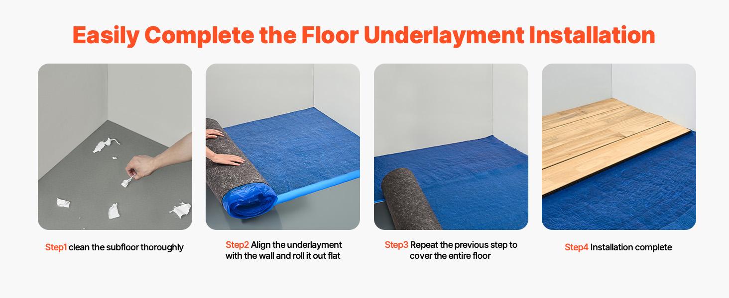 VEVOR Floor Underlayment 200 sq. ft/Roll, 3 mm Thick Laminate Flooring Padding with Attached Vapor Barrier, Heavy Duty Fiber+ PE Film, Soundproofing Noise Reduction, Ideal for Laminate Wood Floors