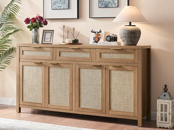 PieDle Furniture Rattan Sideboard Buffet Cabinet, Boho Storage Cabinet with Adjustable Shelves, Farmhouse Credenza Coffee Bar Cabinets with 4 Doors & 3 Drawers for Living Room, Hallway & Kitchen
