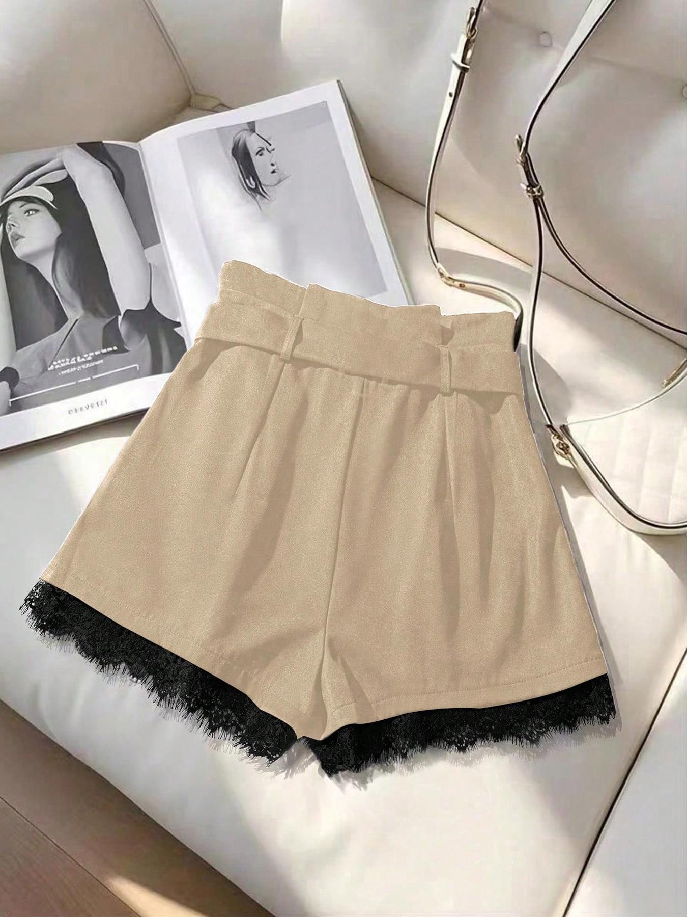 Women's Summer Shorts Elegant Series Fashion Versatile (with Belt), Fitted Design Contrast Lace, Plain Pattern Short Pants