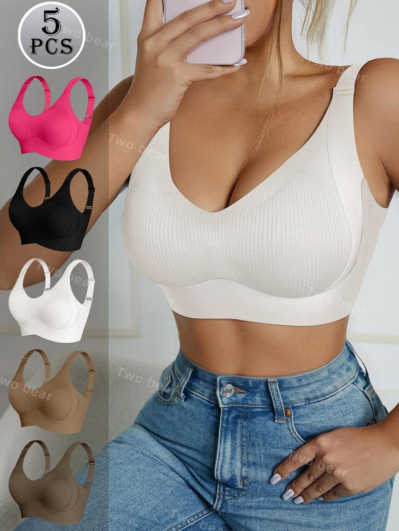 [7/5/4/3Pcs]Women's Solid Four-breastedAdjustable Wireless Bra,Curvy SoftComfortable BreathableRibbed PushUp Seamless Bra,Women's Lingerie forAll Seasons,Womenswear