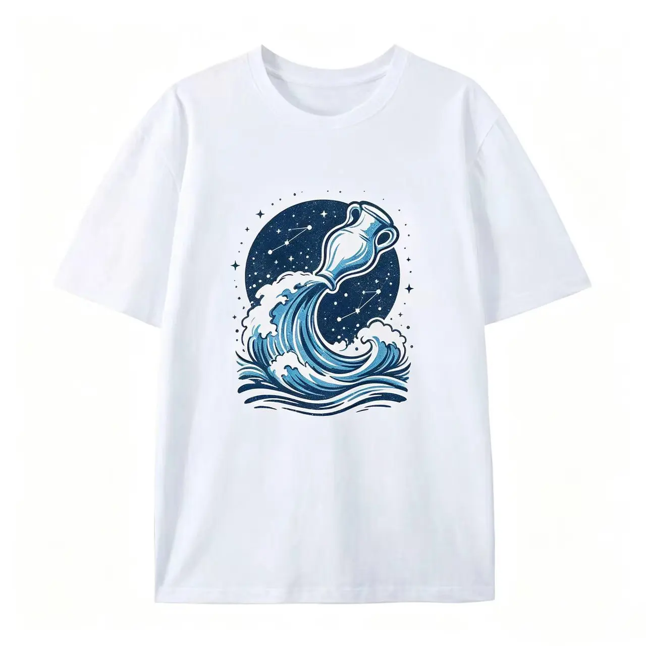 Aquarius Water Bearer Wave Constellation Graphic Oversized Pure Cotton T-Shirt, Retro Astrology Comfort Fashion Outfit Tee, Perfect Birthday Valentine's Day Gift For Aquarius Lover Friends, Ideal Holiday Present Astrology Fans Short Sleeve Top
