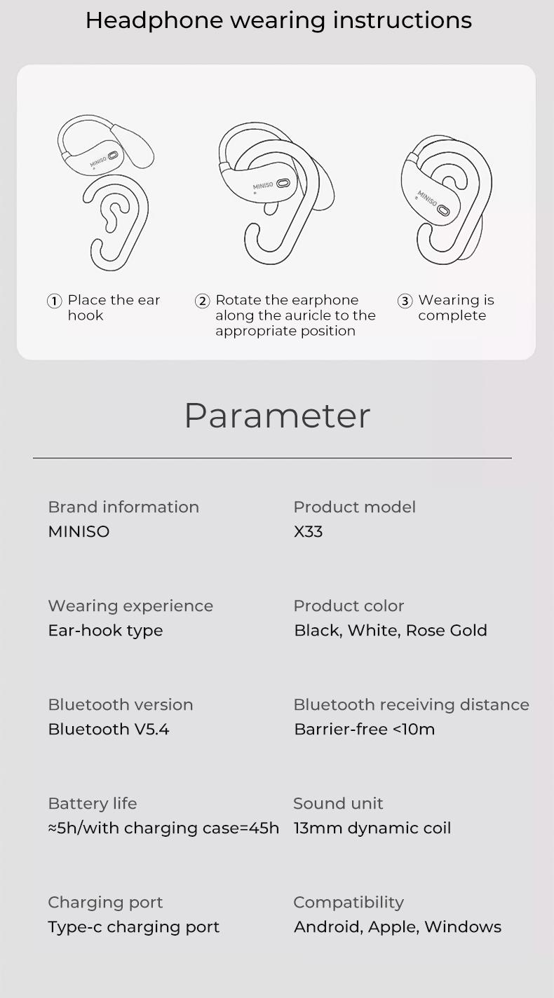 MINISO M95 True Wireless Open Ear Earbuds Bluetooth 5.4 IPX5 Waterproof 48Hours Play time OWS Headphones Immersive Premium Sound Long Distance Connection Headset with Charging Case Light-Weight Headphones Built-in Microphone Earbuds
