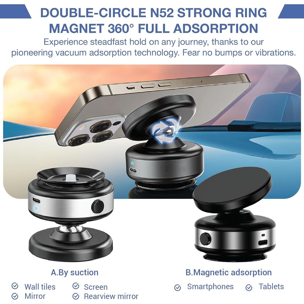 360° Rotatable Magnetic Car Phone Holder, Car Navigation Holder,Vacuum Glass Mirror Adsorption Magnetic Suction Cup Car Phone Mount,Car Mount One-Click Disassembly for Glass, Screens, Wall Tiles, Most Surfaces (Black/Silver), Christmas Gift