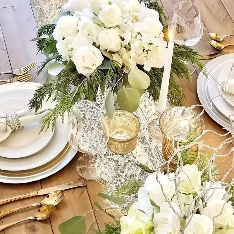 French Lace Table Runner Floral Edge Romantic Wedding Decoration, Elegant Linen Fabric Design, Perfect Gift Idea